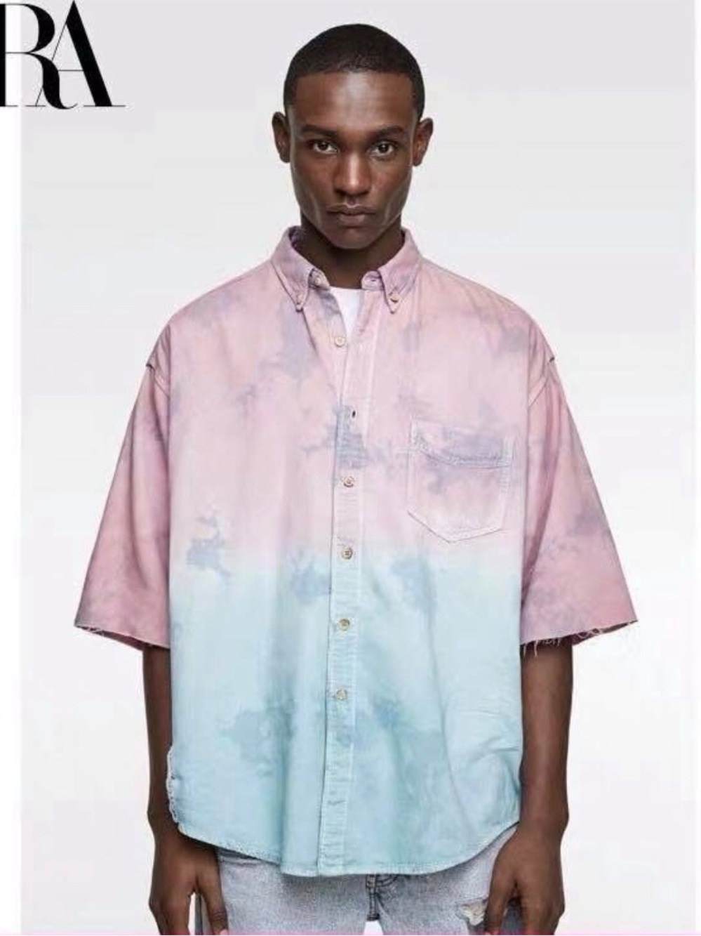 Zara Men’s Ombré Tie-Dye Short Sleeve Button Down Shirt